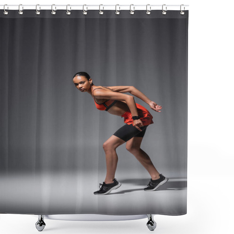 Personality  Full Length Of Young African American Woman In Sneakers Posing While Training On Grey  Shower Curtains