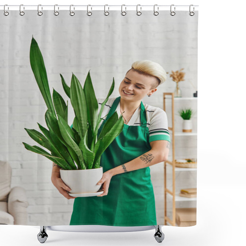 Personality  Happiness, Cheerful Tattooed Woman With Trendy Hairstyle Holding Flowerpot With Exotic Foliage Plant In Modern Living Room, Eco-conscious Lifestyle, Sustainable Home Decor And Green Living Concept Shower Curtains