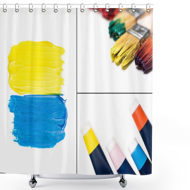 Personality  Collage Of Acrylic Paints, Brushstrokes And Dirty Paintbrushes On White Background Shower Curtains