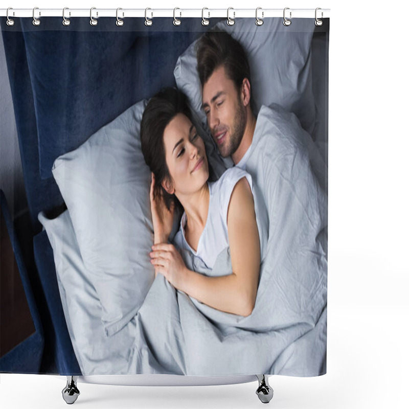 Personality  Romantic Couple Lying In Bed In Their Room Shower Curtains