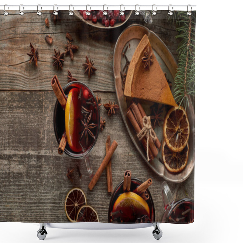 Personality  Top View Of Red Spiced Mulled Wine Near Fir Branch, Pie, Berries, Anise, Orange Slices And Cinnamon On Wooden Rustic Table Shower Curtains