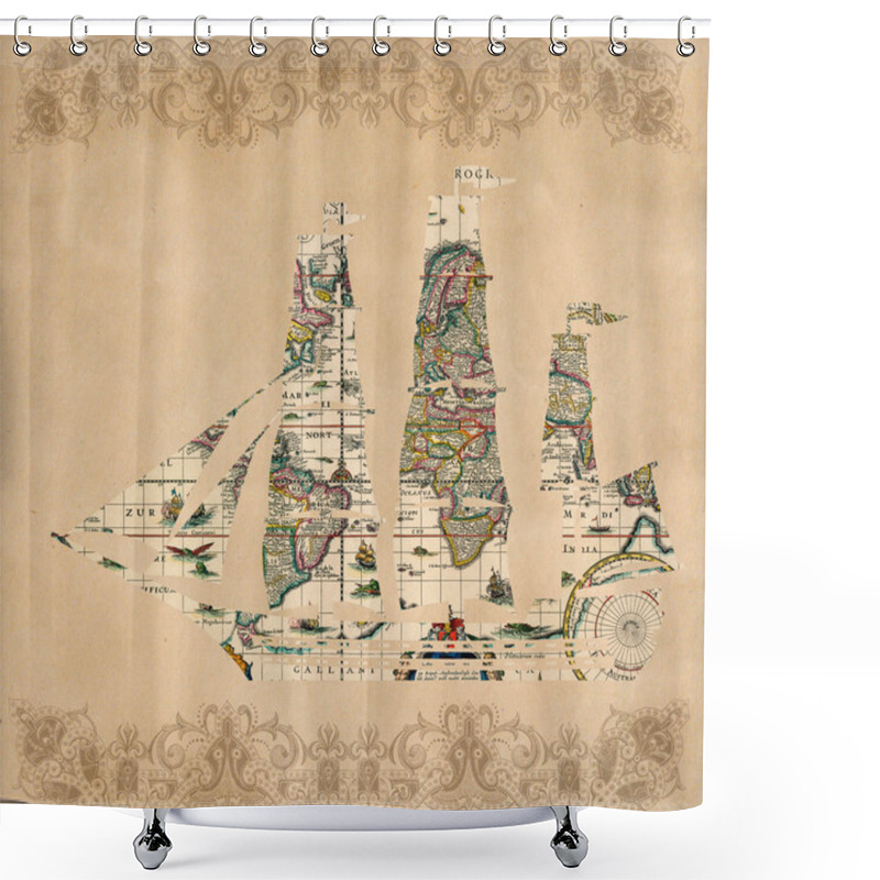 Personality  Sailing Ship Silhouette Over Antique Map - Retro Postcard Shower Curtains