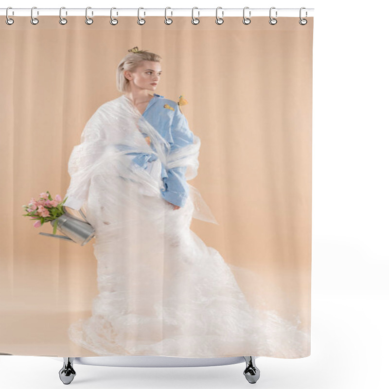 Personality  Attractive Girl Wrapped In Polyethylene Holding Watering Can With Flowers And Standing In Eco Clothing Isolated On Beige, Environmental Saving Concept  Shower Curtains