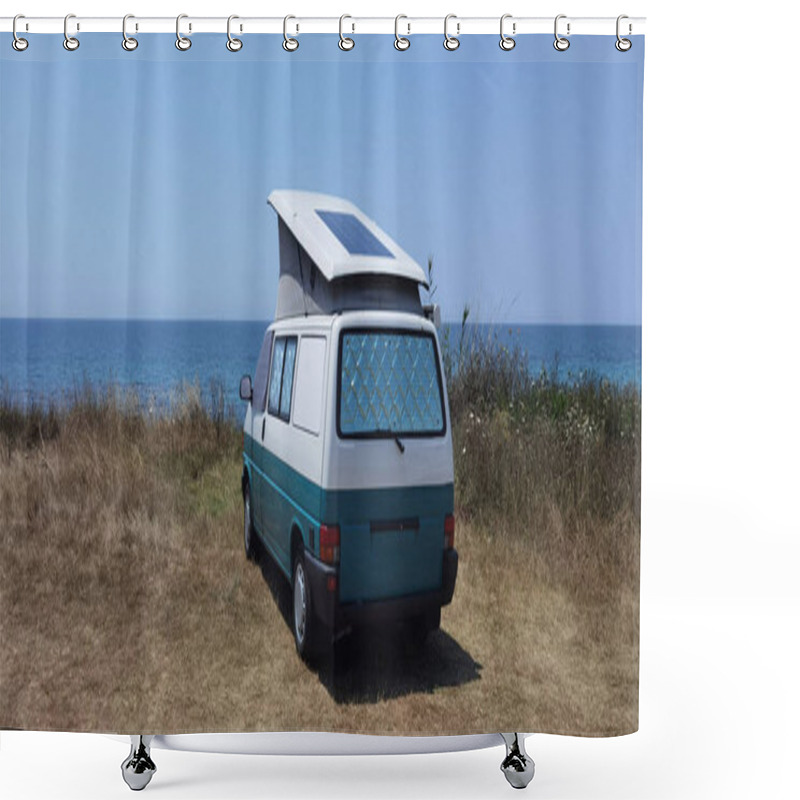 Personality  Caravan Car Solar Panels Electricity  By The Sea In Summer Beach Trees Blue Sky  Travel In Holidays Shower Curtains