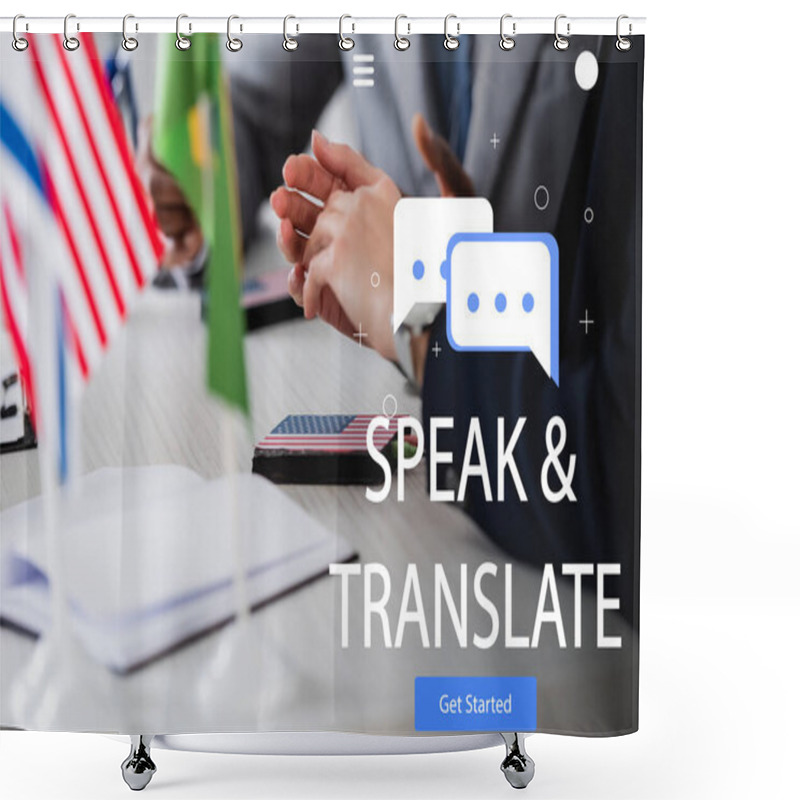 Personality  Partial View Of Interpreter Near Digital Translator And African American Businessman, Speak And Translate Lettering Near Get Started Icon Illustration Shower Curtains