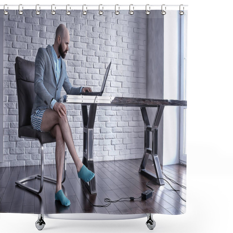 Personality  Quarantined Work Concept, A Man Works At Home On A Computer In His Underpants, Funny Work Coronavirus Pandemic Meme Shower Curtains