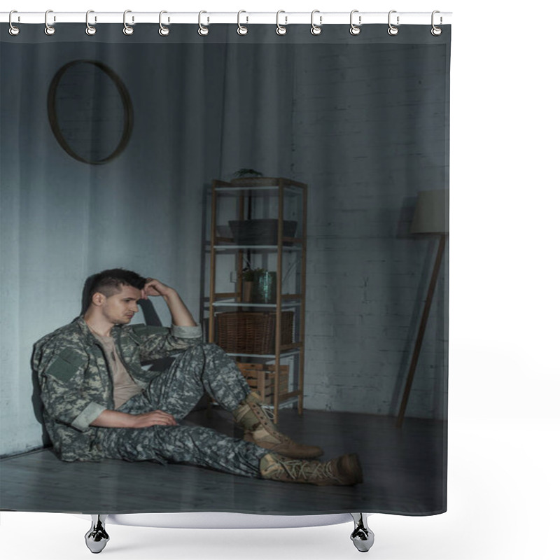 Personality  Lonely Military Veteran In Uniform Suffering From Emotional Distress At Home At Night  Shower Curtains