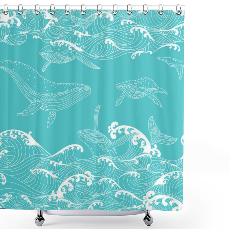 Personality  Whale Family Swimming In The Ocean Waves Shower Curtains