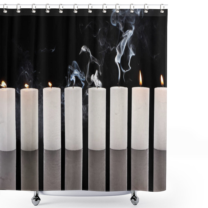 Personality  Burning And Extinct White Candles With Smoke On Black Background Shower Curtains