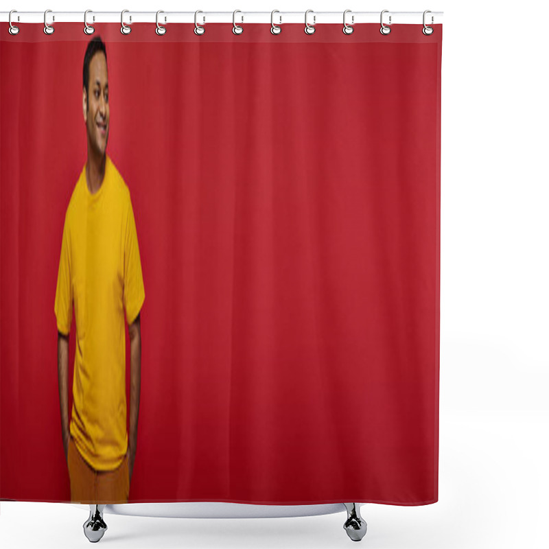 Personality  Positive Indian Man In Bright Casual Attire Standing And Smiling On Red Background In Studio, Banner Shower Curtains