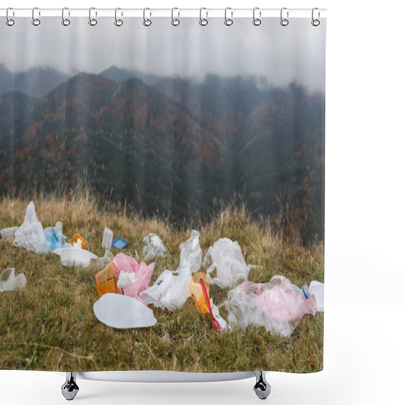 Personality  Plastic Garbage Scattered On Grass In Nature Shower Curtains