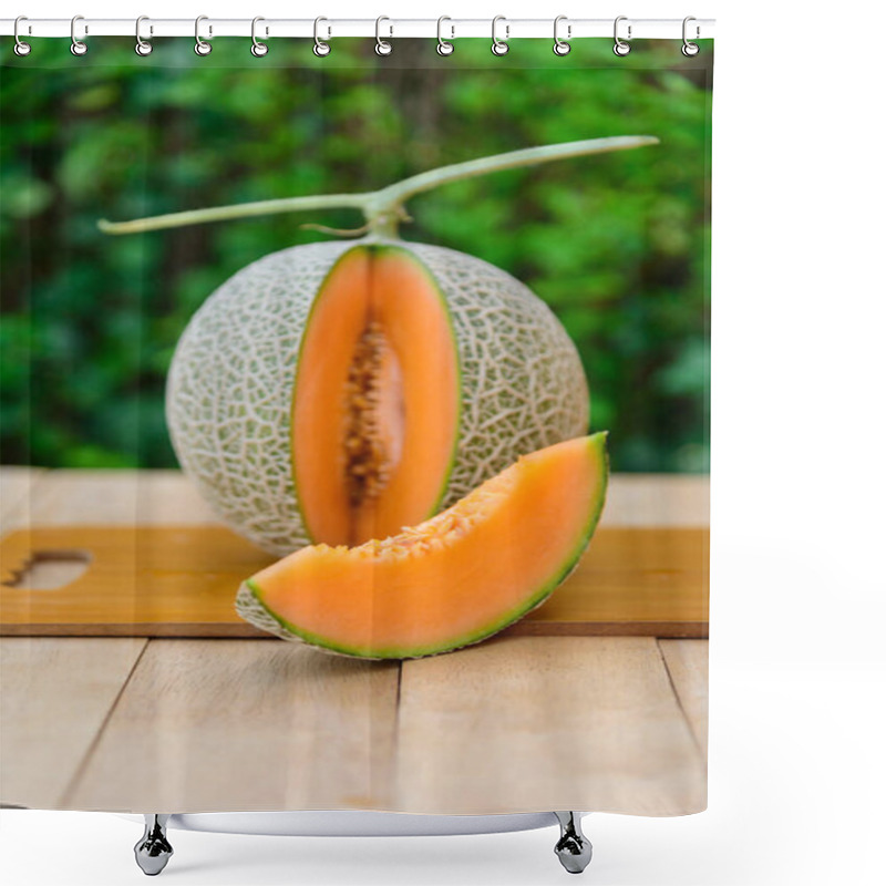 Personality  Closeup To Fresh Orange Melon On The Plate Shower Curtains