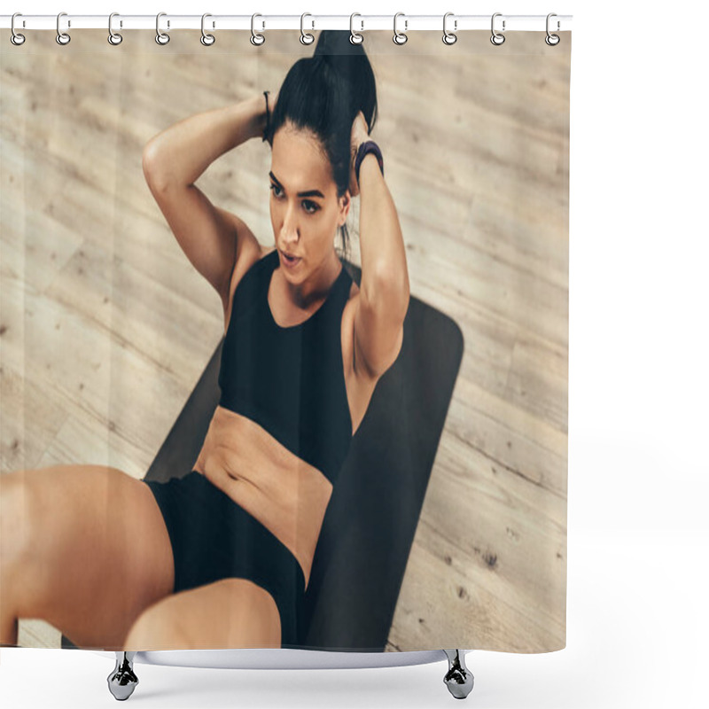 Personality  Image Of Sportswoman Doing Abs Workout At Gym. Female In The Gym Doing Abs Workout Exercise At Fitness Club. Sport, Lifestyle And People Concept Shower Curtains