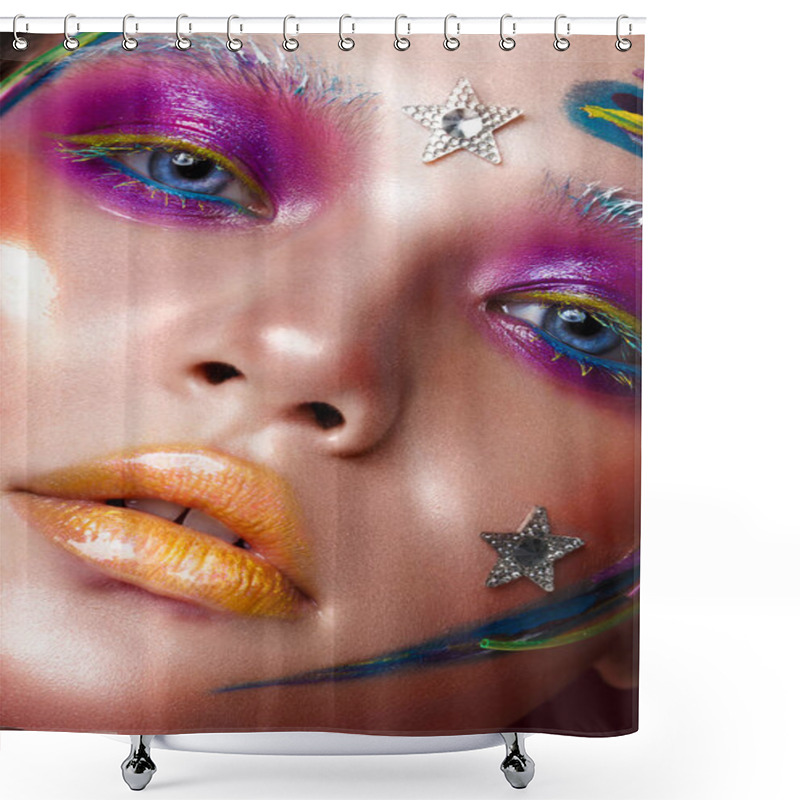 Personality  Beautiful Girl With Creative Make-up In Pop Art Style. Beauty Face. Shower Curtains