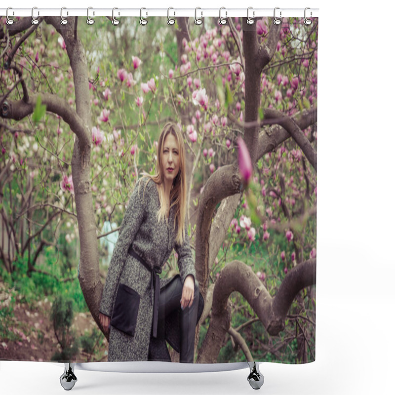 Personality  Young Beautiful Caucasian Woman In Blooming Spring Garden Of Magnolias . The Girl In The Garden On A Cloudy Day . Shower Curtains