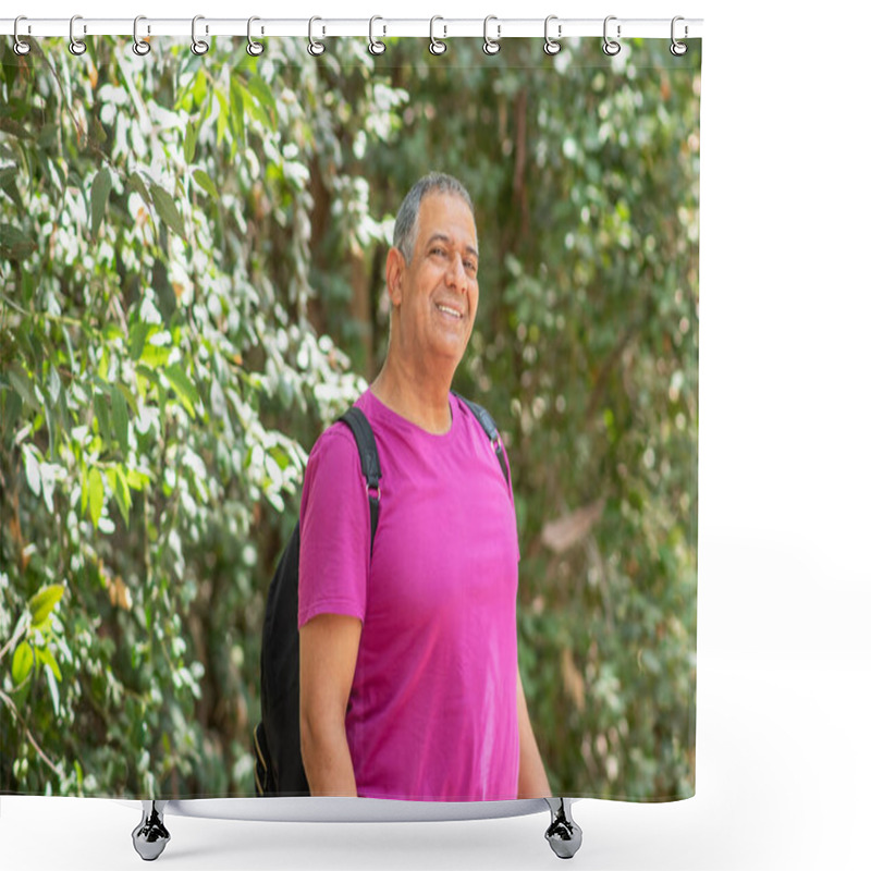 Personality  Portrait Of A Positive Senior Man Carrying A Backpack Looking At Camera And Smiling. Fit Old Man On A Hiking Trip. Shower Curtains