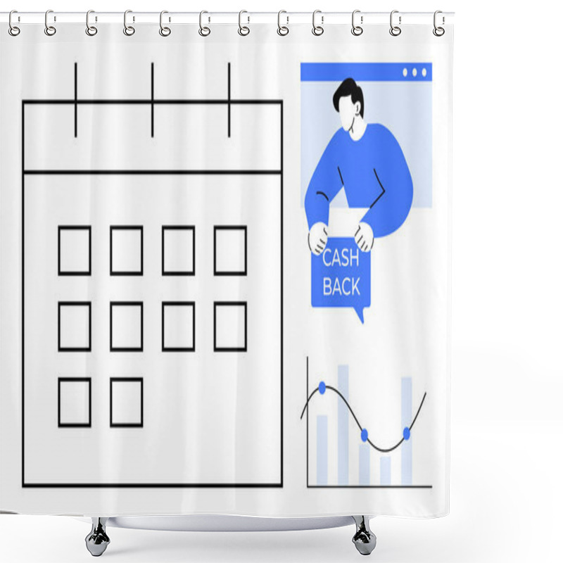 Personality  Calendar With Grid, Person Holding Cash Back Sign, And Declining Graph With Blue Nodes. Ideal For Cashback Promotions, Financial Planning, Scheduling, Business Analysis, Time Management Shower Curtains