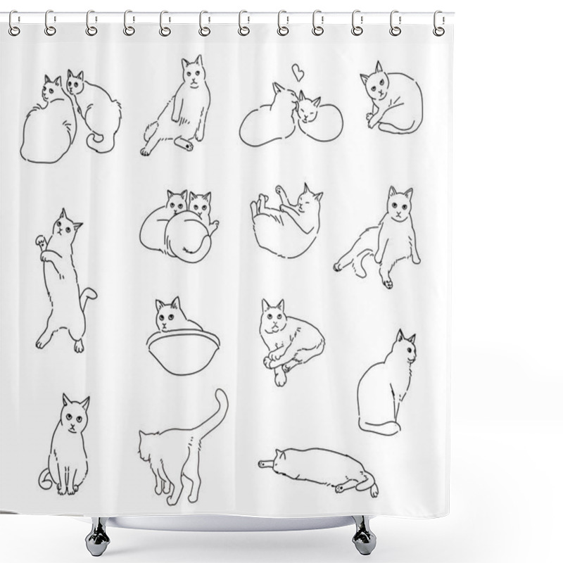 Personality  A Set Of Simple, Full-body Outline Cat Illustrations Shower Curtains