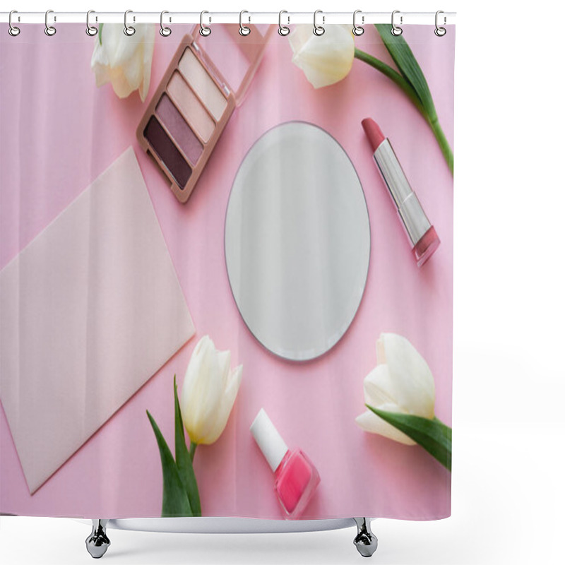 Personality  Top View Of White Tulips Near Mirror, Envelope And Decorative Cosmetics On Pink Shower Curtains