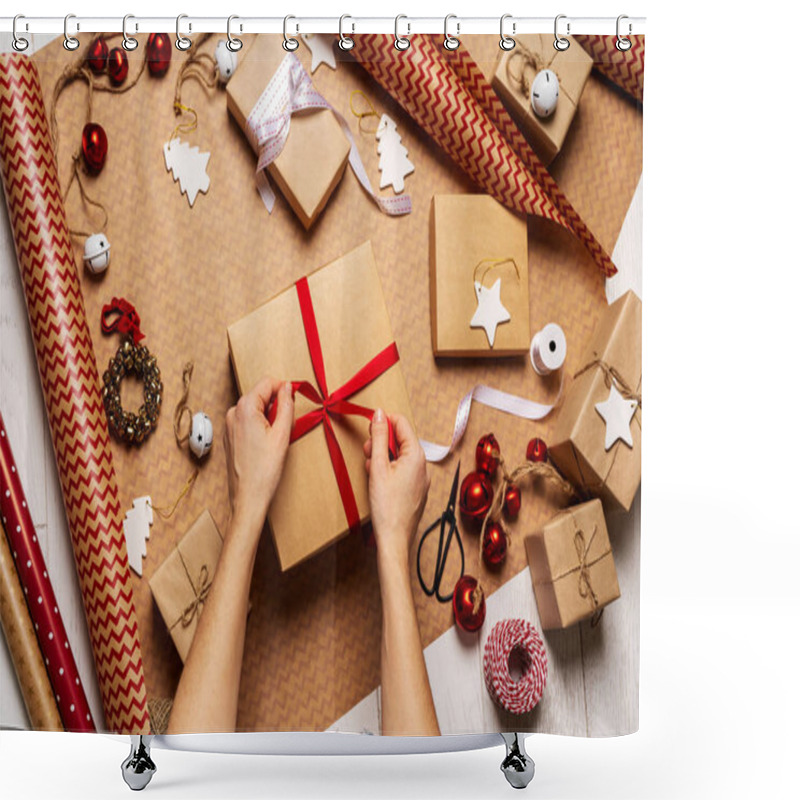 Personality  Close View Of Woman Wrapping Gift Box With Packing Tape, Rope And Decorations Props On Wrapping Paper Shower Curtains