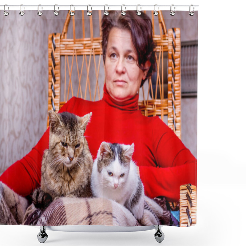 Personality  A Woman Sits In A Rocking Chair And Holds Two Cats In Her Arms Shower Curtains