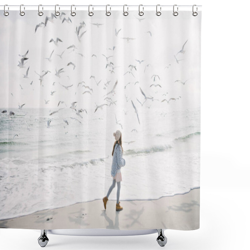 Personality  Stylish Girl Running On Winter Seashore With Seagulls Shower Curtains