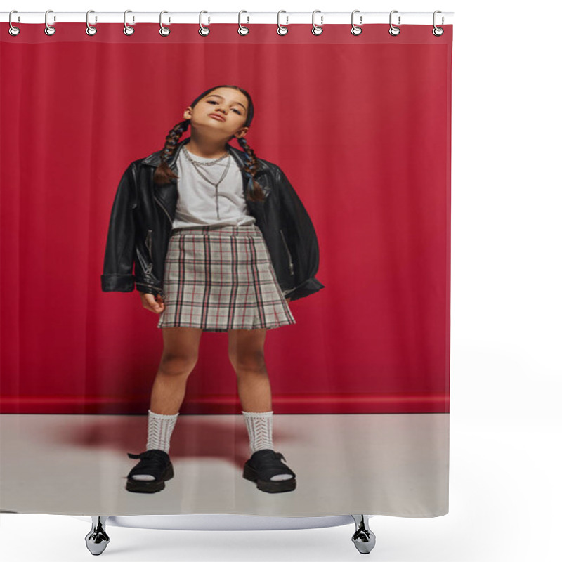 Personality  Full Length Of Confident And Fashionable Preteen Girl With Hairstyle Wearing Leather Jacket And Plaid Skirt While Standing And Posing On Red Background, Stylish Preteen Outfit Concept Shower Curtains