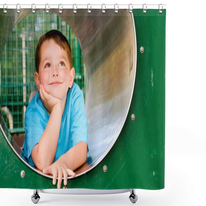 Personality  Cute Young Child Boy Or Kid Playing In Tunnel On Playground. Shower Curtains