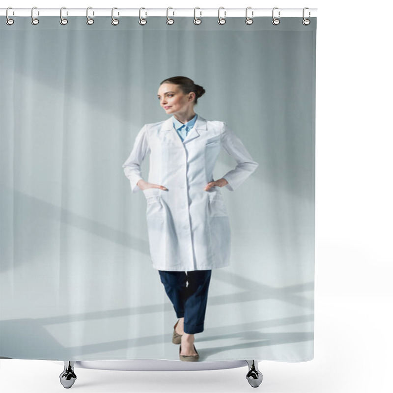 Personality  Serious Female Doctor In White Coat Looking Away On Grey Shower Curtains