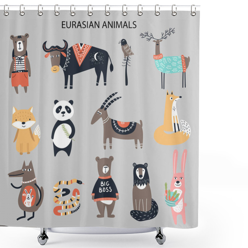 Personality  Set Of Diferent Cartoon Eurasian Animals. Cute Handdrawn Kids Clip Art Collection. Vector Illustration Shower Curtains