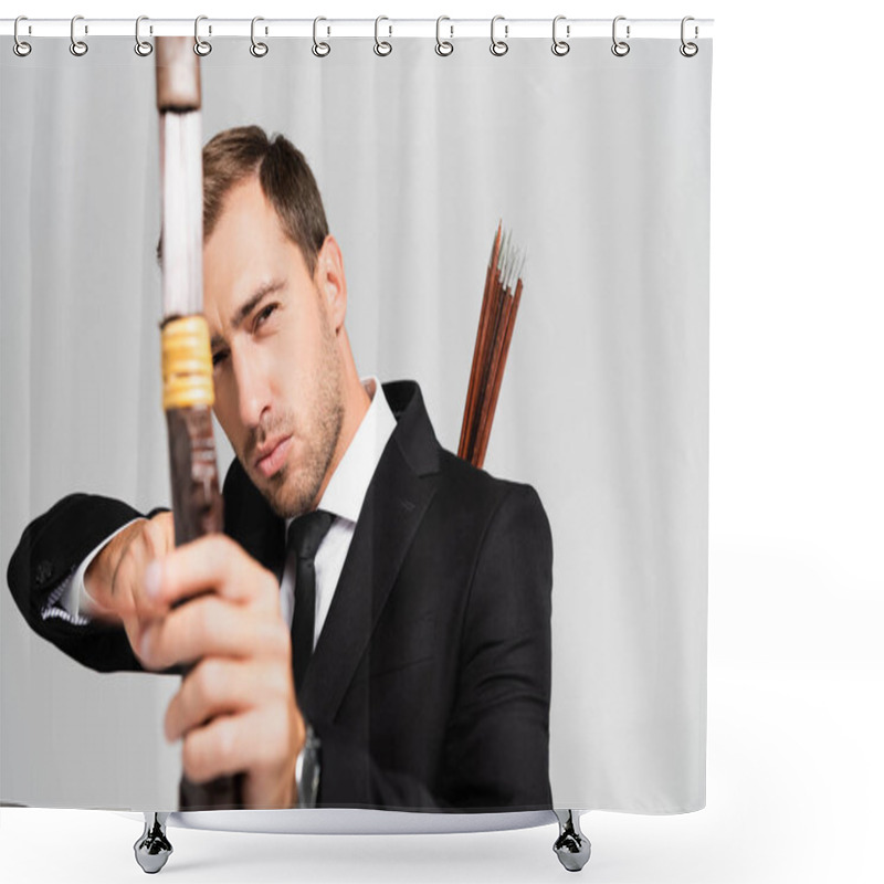 Personality  Selective Focus Of Handsome Businessman In Suit Holding Bow And Shooting With Arrow Isolated On Grey Shower Curtains