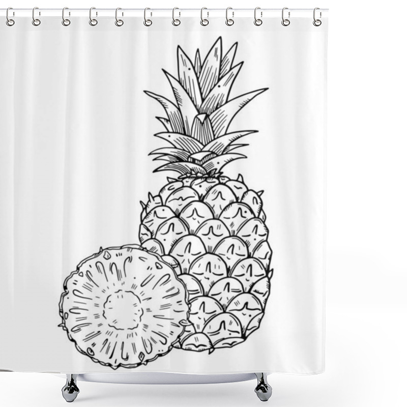 Personality  Composition Of A Whole Pineapple And A Half Cut Of Fruit On A Background. Black Outline Image On A White Background. Doodle Style.. Shower Curtains