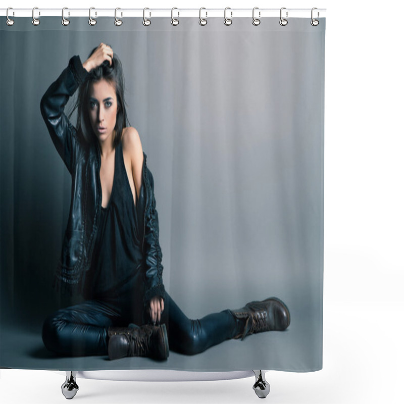 Personality  Fashion Model Wearing Leather Pants And Jacket Shower Curtains