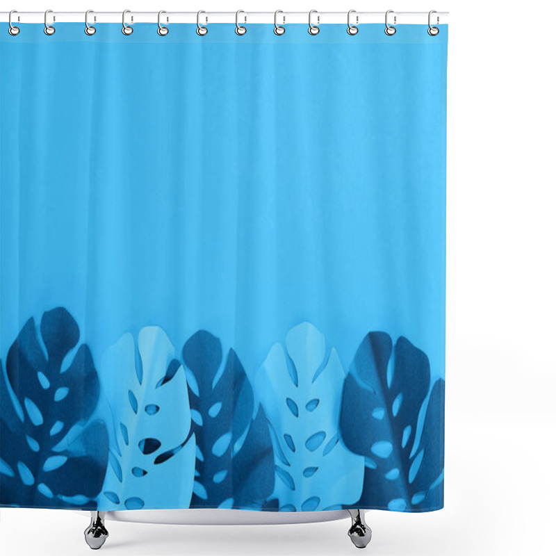 Personality  Top View Of Paper Cut Exotic Leaves On Blue Minimalistic Background With Copy Space Shower Curtains