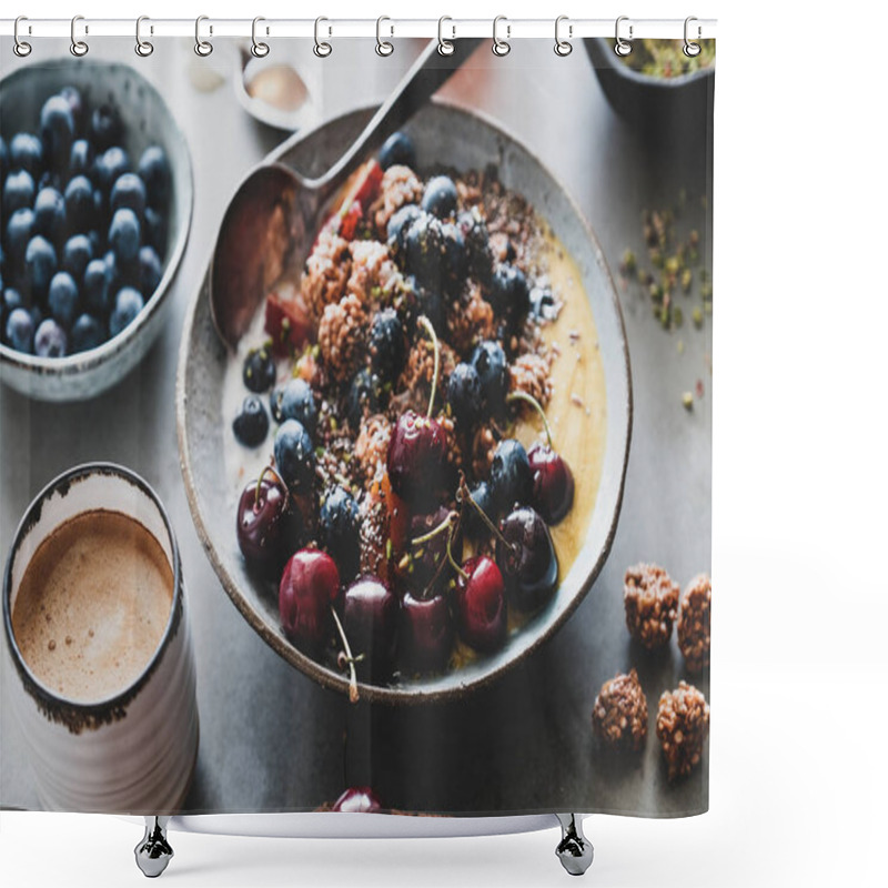 Personality  Healthy Vegan Breakfast Set. Quinoa Oat Granola Coconut Yogurt Bowl With Fruit, Seeds, Nuts, Berries And Coffee Over Grey Concrete Background, Selective Focus. Vegetarian, Dieting Food Concept Shower Curtains