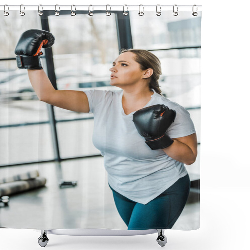 Personality   Serious Plus Size Woman Wearing Boxing Gloves Practicing Kickboxing In Gym Shower Curtains