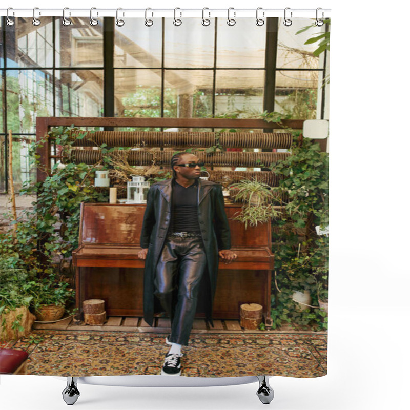 Personality  A Dapper African American Man, Sitting On A Bench In Front Of A Piano In A Vibrant Garden. Shower Curtains