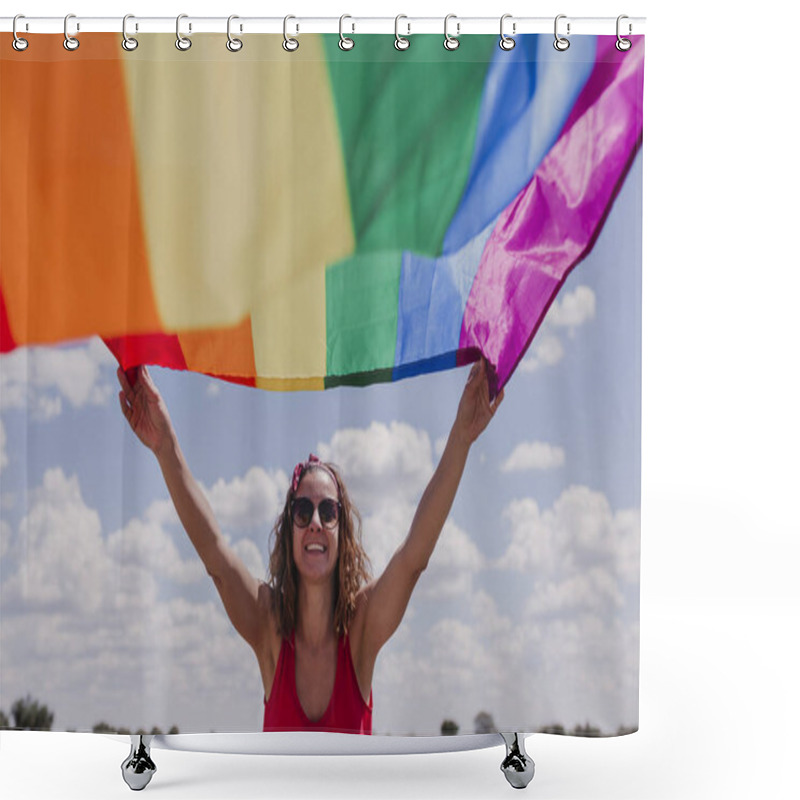 Personality  Woman Holding The Gay Rainbow Flag Over Blue And Cloudy Sky Outdoors. Happiness, Freedom And Love Concept For Same Sex Couples. LIfestyle Outdoors Shower Curtains