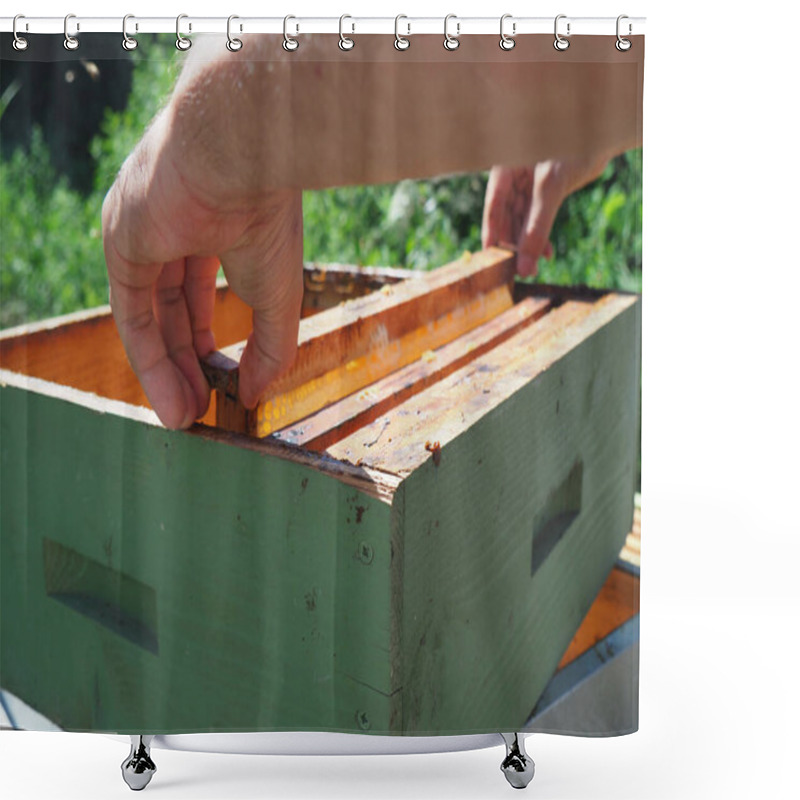 Personality  Beekeeper Working With Bees And Beehives On The Apiary. Beekeeping Concept. Beekeeper Harvesting Honey Beekeeper On Apiary. Shower Curtains