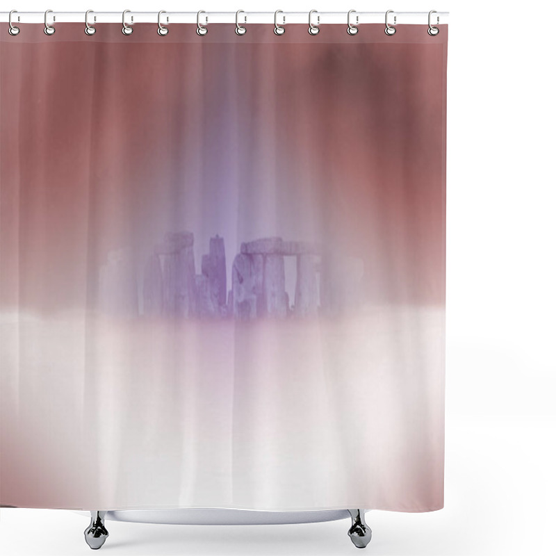 Personality  Surreal Landscape. Stonehenge In The Fog. 3D Rendering Shower Curtains