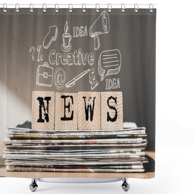 Personality  Wooden Blocks With Black News Lettering On Pile Of Newspapers With Idea Icons Above Shower Curtains