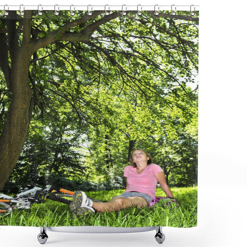 Personality  Teenage Girl Relaxing Under Green Tree With Her Bicycle Shower Curtains