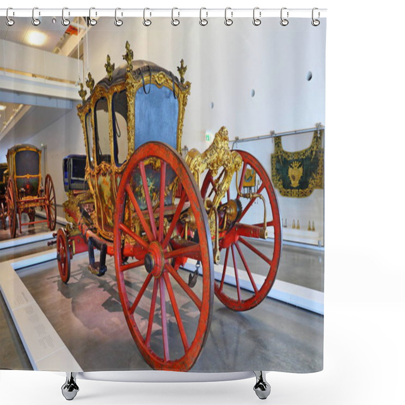 Personality  Exhibits Of Antique Carriages In National Coach Museum In Lisbon, Portugal (Museu Nacional Dos Coches) Shower Curtains