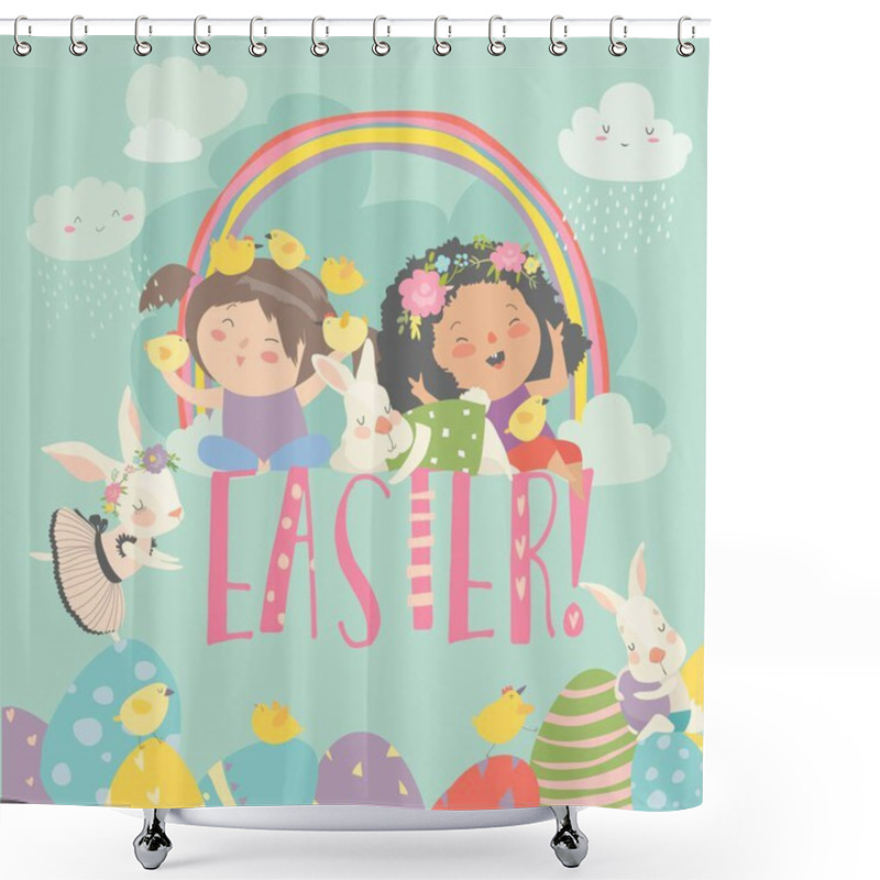 Personality  Cute Little Girls With Easter Theme. Happy Easter Shower Curtains