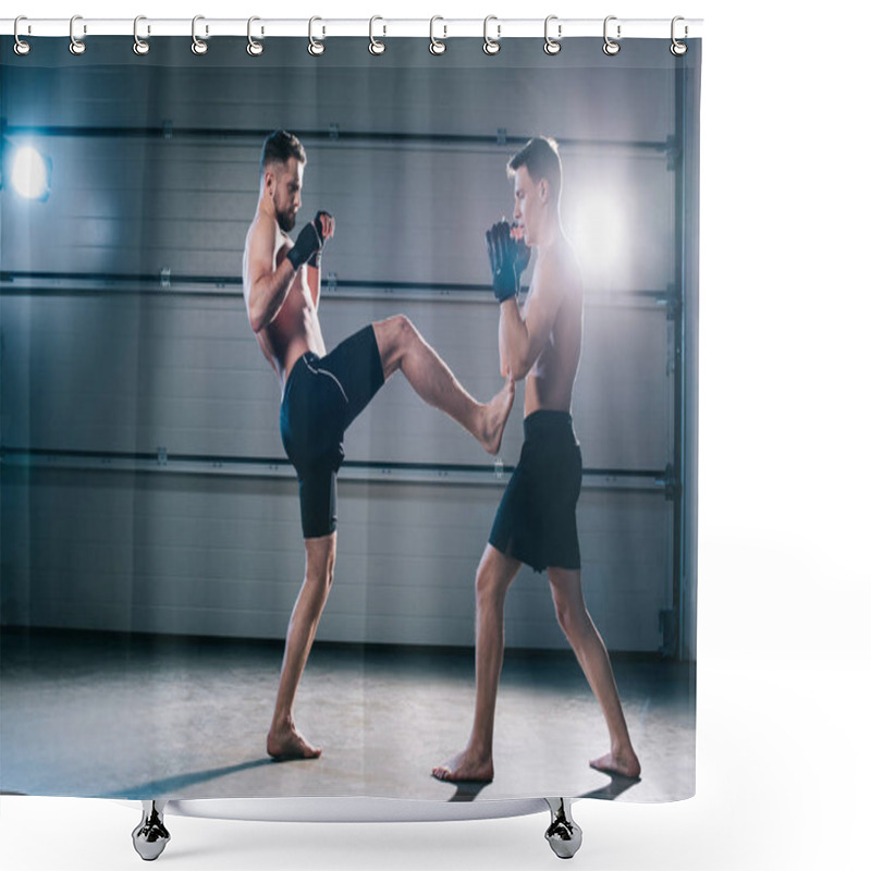 Personality  Side View Of Muscular Barefoot Mma Fighter Kicking Opponent With Leg Shower Curtains