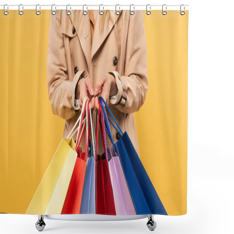 Personality  Cropped View Of Woman Holding Shopping Bags Isolated On Yellow Shower Curtains