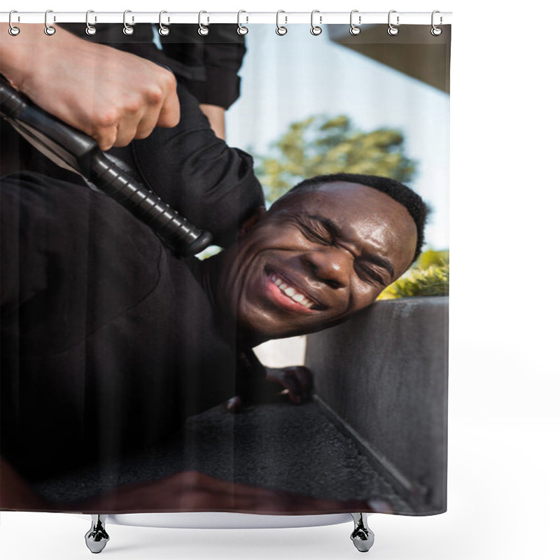 Personality  Selective Focus Of Detained African American Man Suffering From Pain While Lying On Ground Near Policeman With Baton, Racism Concept  Shower Curtains