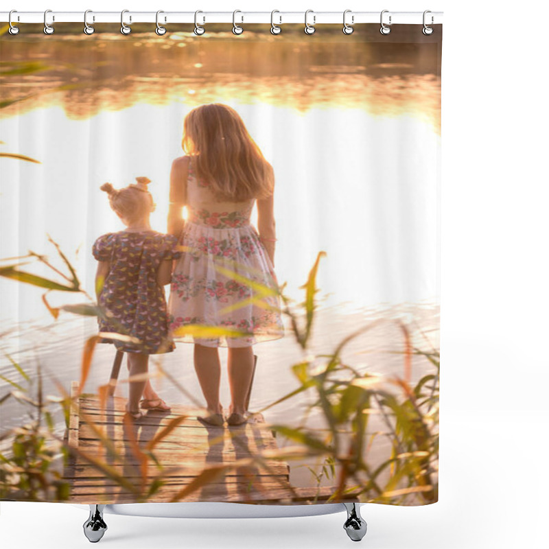 Personality  Mother And Daughter Standing On The Pier  Shower Curtains