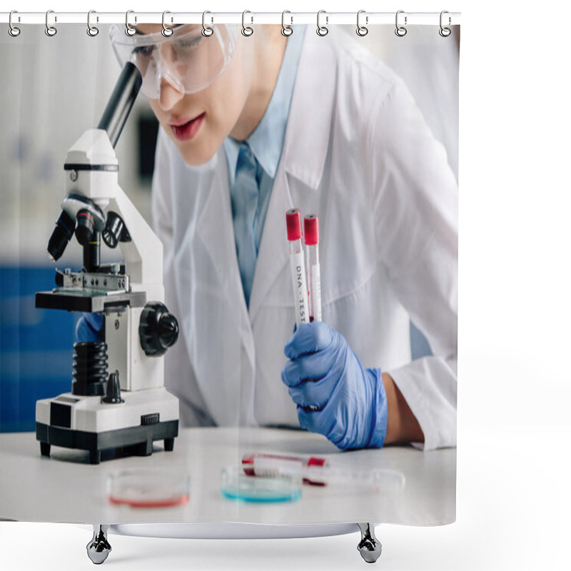 Personality  Cropped View Of Genetic Consultant Using Microscope And Holding Test Tubes  Shower Curtains