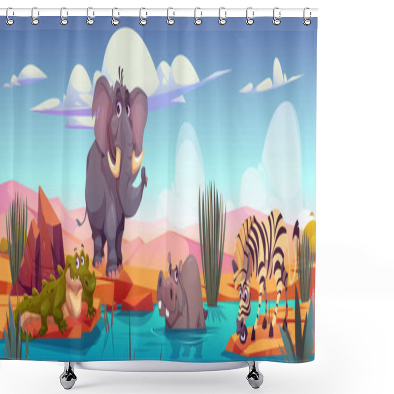 Personality  Elephant, Zebra, Crocodile And Hippo On River Shore In African Savannah. Vector Cartoon Illustration Of Savanna Landscape With Sand, Plants, Waterhole And Wild Animals Shower Curtains